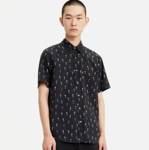 Levi's Mens Black Palm Tree Standard Fit Woven Button Up Dress Tee Shirt Sz - Picture 3 of 5